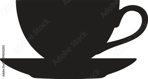 Coffee cup with saucer silhouette icon, hot beverage mug illustration, cafe drink symbol, morning coffee concept design