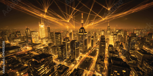An aerial view of the urban city skyline at dusk captures vibrant fireworks exploding over the skyscraper towers and architectural lights of the downtown business district during a sunset evening