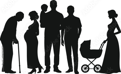 Family life stages silhouette vector set, elderly man, pregnant woman, parents with child and baby stroller, generation concept