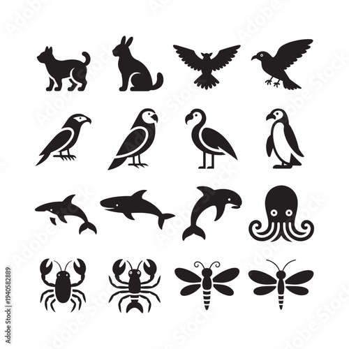 Black silhouettes of various animals including birds mammals and marine life
