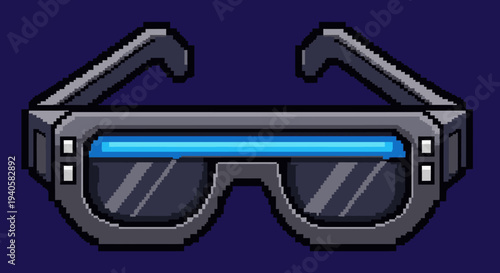 Pixel art futuristic glasses with glowing blue light, retro sci-fi eyewear on dark background