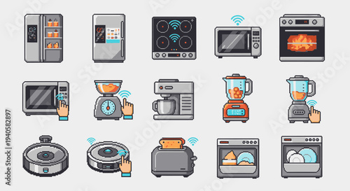 Collection of pixel art icons representing smart kitchen appliances and gadgets with wifi connection