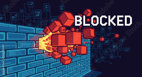 Pixel art illustration of a digital firewall blocking data, with red blocks exploding from a brick wall and 'BLOCKED' text. Cybersecurity concept.