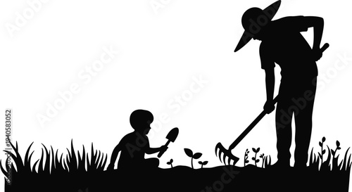 Father and child gardening silhouette vector illustration, family planting plants in garden, agriculture lifestyle, outdoor activity, nature growth concept