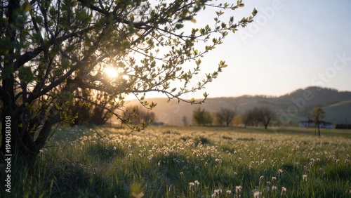 Serene spring meadow with sunset and blossoming tree in scenic landscape.