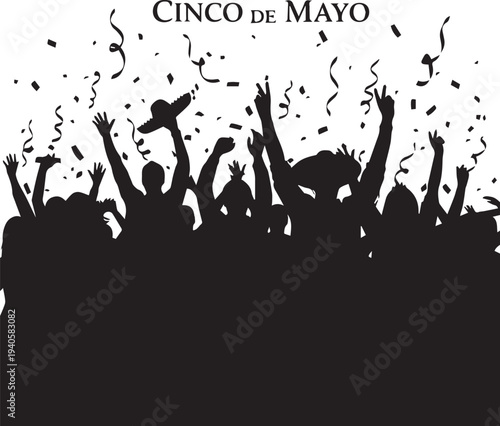 Cinco de mayo celebration vector silhouette illustration with crowd and confetti line art