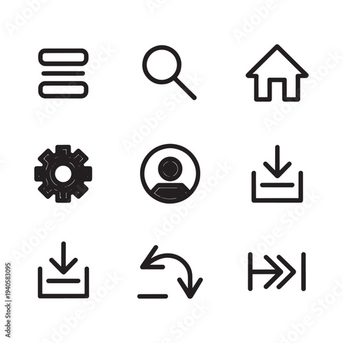 Collection of minimalist black line icons representing various digital functions