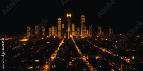 A breathtaking aerial view of the Moscow city skyline at dusk featuring illuminated skyscrapers and urban architecture glowing under the evening sky