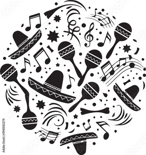 Fiesta music collage silhouette illustration with sombreros and maracas instruments vector