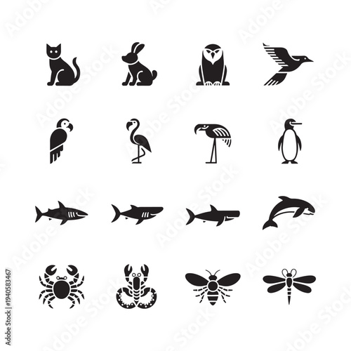 Collection of black silhouettes depicting various animals and insects