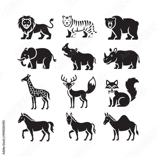 Black silhouettes of various wild animals including lions tigers and bears