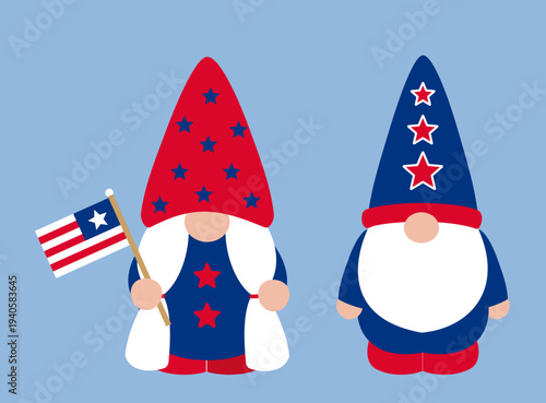 Patriotic USA gnome vector illustration set.
Fourth of July gnome characters clipart.
American Independence Day gnome cartoon. svg.