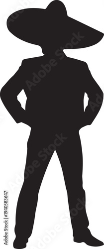 Man with sombrero silhouette, vector illustration, mariachi line art
