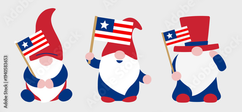 Patriotic USA gnome vector illustration set.
Fourth of July gnome characters clipart.
American Independence Day gnome cartoon. svg.