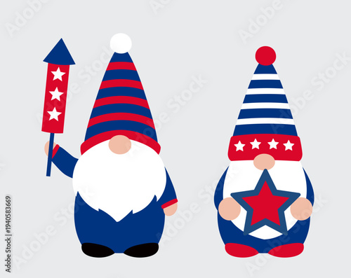 Patriotic USA gnome vector illustration set.
Fourth of July gnome characters clipart.
American Independence Day gnome cartoon. svg.
