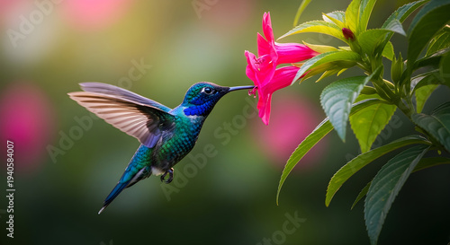 Hummingbird feeding on a vibrant pink flower in a lush garden