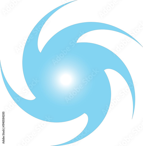 The design features a stylized light blue swirling design that is visually striking against a clean white background. The central bright light acts as a focal point from which the swirling shapes 