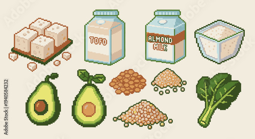 Pixel art collection of healthy vegan and plant-based food ingredients. Tofu, almond milk, soy milk, avocado, lentils, quinoa, and spinach, ideal for a balanced diet.