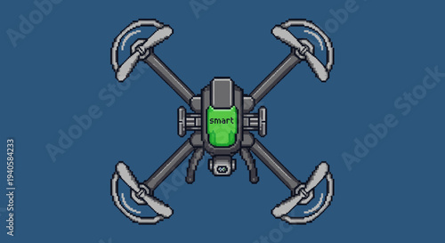 Smart pixel art quadcopter drone illustration, a retro 8-bit digital icon representing modern aerial technology, remote control, and surveillance.