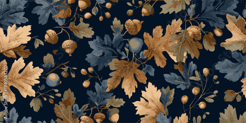 Seamless dark blue pattern featuring autumn leaves and acorns, vintage botanical illustration isolated on transparent background.