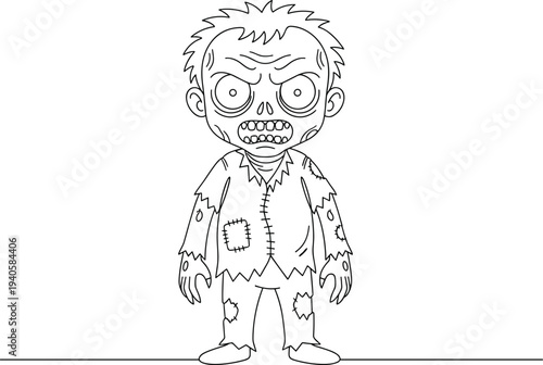 Cartoon zombie character illustration with tattered clothes, spooky decayed face, jagged teeth, and exaggerated features perfect for Halloween, horror, gaming, and educational design projects
