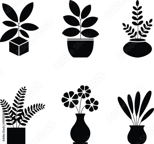 Potted plant silhouette icon set, indoor houseplants and decorative flowers in pots vector collection for home garden decoration design
