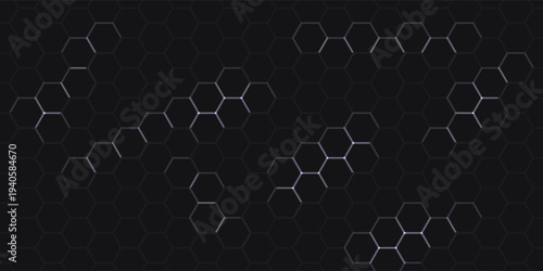 Dark technology hexagonal vector background. Abstract blue bright energy flashes under hexagon in dark technology modern futuristic background vector illustration. Gray honeycomb texture grid
