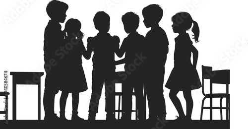 School children group silhouette vector illustration, students talking in classroom with desks and chairs, education friendship teamwork concept