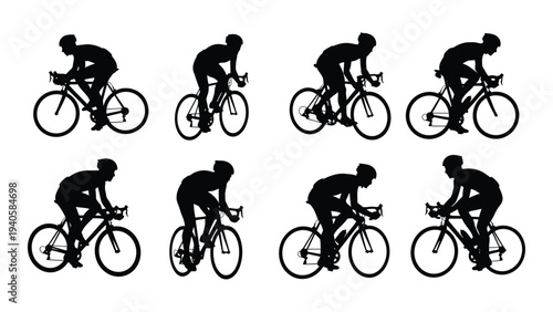 Six cyclists in different poses while riding bicycles