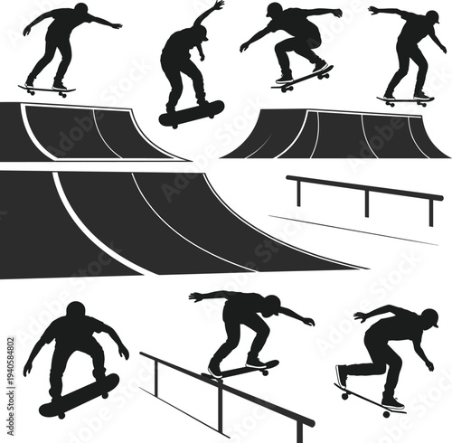 Skateboarder silhouettes performing tricks at skate park ramps, extreme sport action, urban street skateboarding stunt collection illustration set