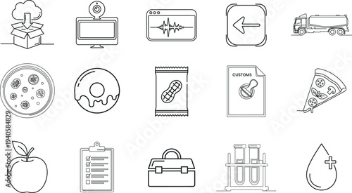 Collection of various line drawings of food objects and symbols