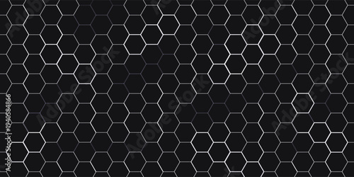 Dark technology hexagonal vector background. Abstract blue bright energy flashes under hexagon in dark technology modern futuristic background vector illustration. Gray honeycomb texture grid