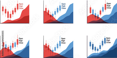 Vector financial candlestick chart illustration featuring six trading designs with open, high, close prices, bullish and bearish market trends