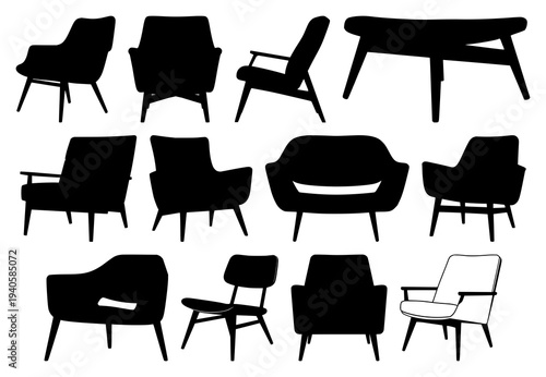Elegant mid-century modern chair silhouette in black on pure white background, ideal for minimalist interior design, furniture photography or branding visuals.