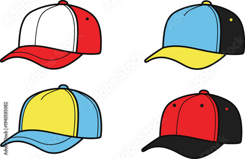 Vector baseball cap illustration featuring four colorful designs with unique brim and panel combinations for fashion and branding themes