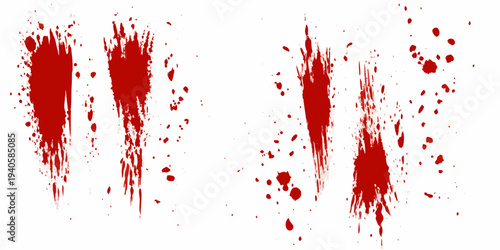 Splattered red paint resembling bloodstains on a white background