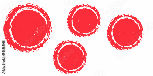 Four red roughly circular shapes drawn with a textured scribbled effect