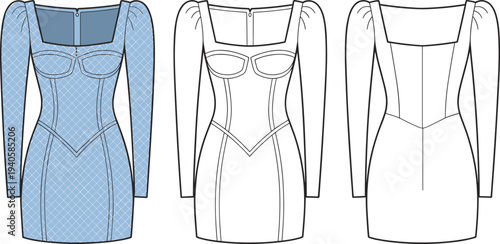 Women bodycon dress fashion template, stylish long sleeve female clothing front and back view, elegant apparel design flat vector illustration