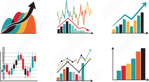 Vector collection of business charts and financial graphs including bar, line, candlestick, and area designs for data analysis illustration