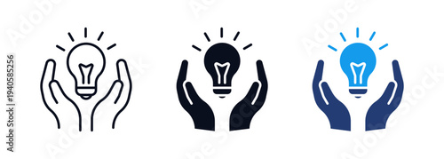 Hands holding light bulb icon set representing creative ideas, innovation support, inspiration and problem solving concepts.