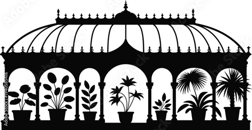 Victorian greenhouse with potted plants silhouette vector illustration, botanical garden glasshouse architecture, indoor exotic plants collection design icon