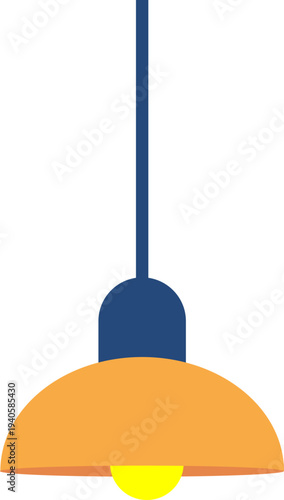 Hanging Pendant Light Fixture with Orange Shade and Yellow Bulb Vector Illustration Isolated on White
