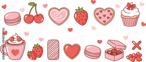 Charming collection of valentine's day sweets, snacks, and heart decorations with a lovely pink palette.
