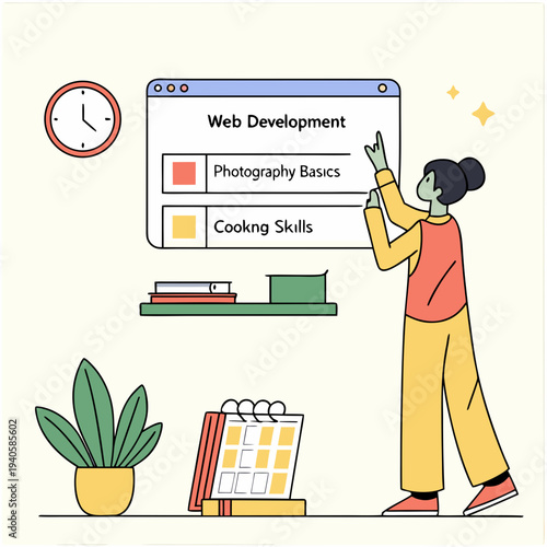 Woman learning online courses on a computer screen about web development, photography, and cooking skills