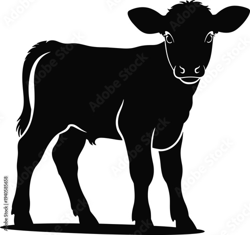 Calf silhouette vector illustration, young cow farm animal standing, livestock agriculture icon for dairy farming and rural countryside concept