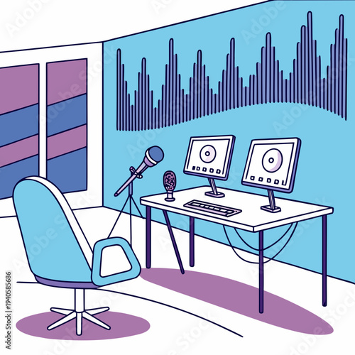Professional Music and Podcast Recording Studio with Sound Waves Illustration