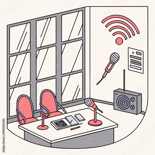 Isometric Radio Broadcasting Studio with Microphones and Audience Chairs