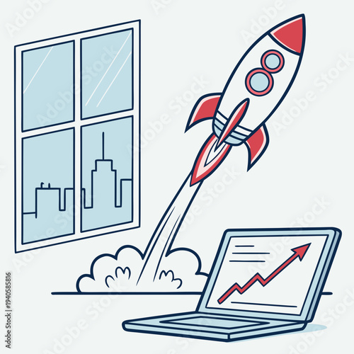 Startup Business Growth with Rocket Launching from Laptop Displaying Financial Success Graph