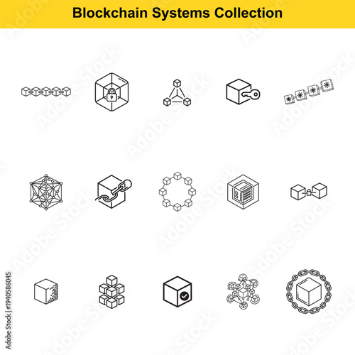 Isometric line art icons depict interconnected digital blocks representing blockchain technology, cryptocurrency security, and distributed ledger concepts for web development.