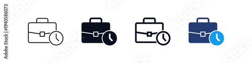 Business briefcase time icon set. Professional briefcase icon with a clock symbol representing work schedule, working hours, business travel, deadline time management and professional tasks in outline